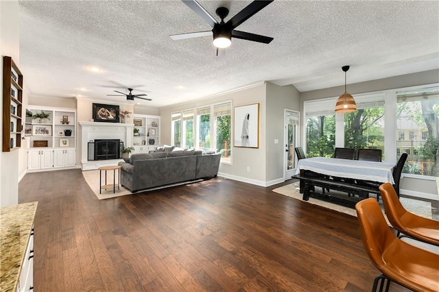 14010 Ash St, Overland Park, KS 66224 - living area with ceiling fan, a textured ceiling, dark wood-style flooring, plenty of natural light, and a fireplace with raised hearth
