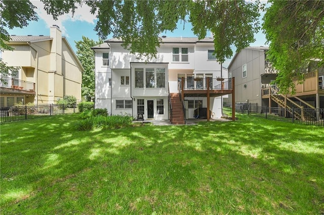 14010 Ash St, Overland Park, KS 66224 - rear view of house with stairway, stucco siding, and a wooden deck