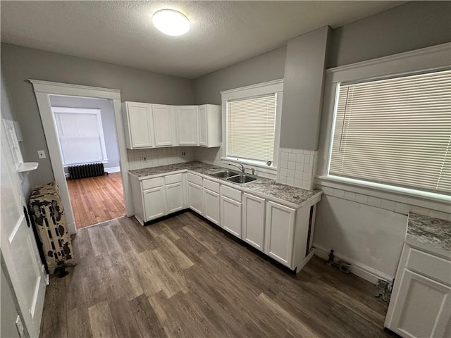 726 N River Blvd, Independence, MO 64050 - kitchen featuring white cabinets, dark wood-style floors, radiator, light countertops, and a textured ceiling