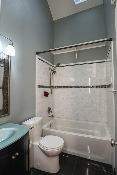 311 NE Bridge Pl, Blue Springs, MO 64014 - full bath with tile patterned floors, shower / washtub combination, vanity, and lofted ceiling