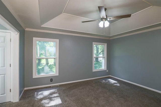 311 NE Bridge Pl, Blue Springs, MO 64014 - carpeted empty room with ceiling fan, a tray ceiling, and ornamental molding