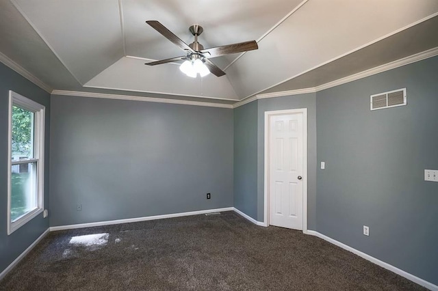 311 NE Bridge Pl, Blue Springs, MO 64014 - unfurnished room featuring a ceiling fan, healthy amount of natural light, dark colored carpet, crown molding, and lofted ceiling