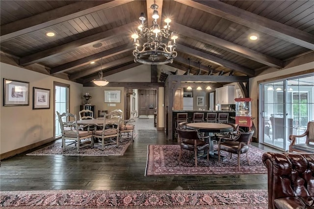 10734 Glenwood St Unit A, Overland Park, KS 66211 - dining room featuring dark wood finished floors, wood ceiling, and a chandelier
