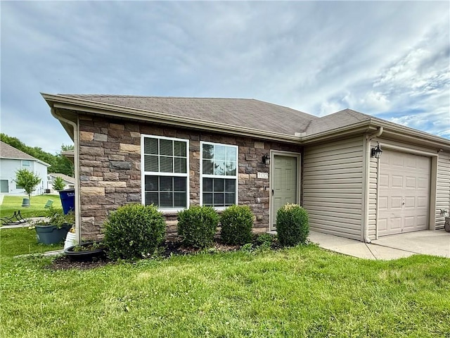 102 SW Rock Garden Ln, Lees Summit, MO 64064 - ranch-style home featuring a garage, stone siding, a front yard, and concrete driveway