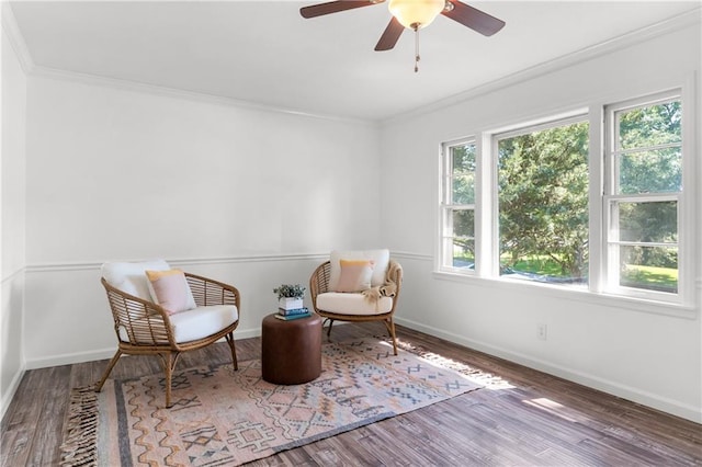 5706 Beverly Ave, Mission, KS 66202 - living area with ornamental molding, wood finished floors, and a ceiling fan