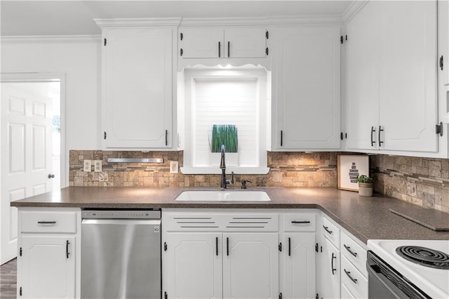 5706 Beverly Ave, Mission, KS 66202 - kitchen with dishwasher, dark countertops, white cabinets, and ornamental molding