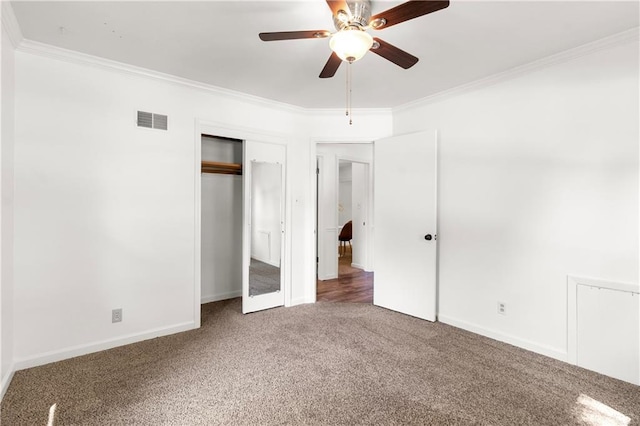 5706 Beverly Ave, Mission, KS 66202 - unfurnished bedroom with carpet, ornamental molding, a closet, and ceiling fan