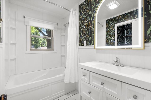 5706 Beverly Ave, Mission, KS 66202 - bathroom with vanity, shower / tub combo with curtain, wallpapered walls, and tile patterned floors