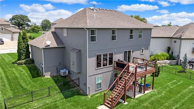 1216 Hillmann Ln, Warrensburg, MO 64093 - rear view of property featuring a shingled roof, stairway, a deck, a fenced backyard, and a residential view