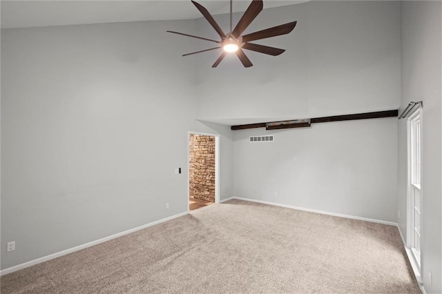 12343 Pinehurst Dr, Kansas City, KS 66109 - carpeted empty room featuring high vaulted ceiling and ceiling fan