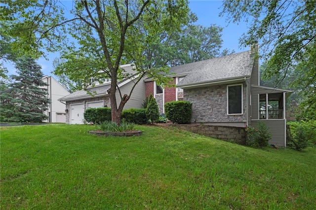12343 Pinehurst Dr, Kansas City, KS 66109 - view of side of property featuring stone siding, a chimney, a lawn, and an attached garage