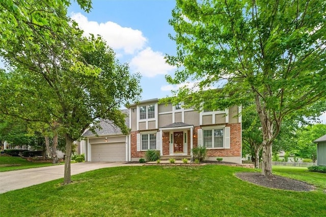 10601 Reeder St, Overland Park, KS 66214 - view of front facade with an attached garage, concrete driveway, a front lawn, and brick siding