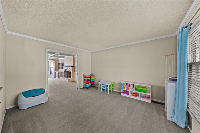 10601 Reeder St, Overland Park, KS 66214 - rec room with a textured ceiling, ornamental molding, carpet flooring, and a brick fireplace