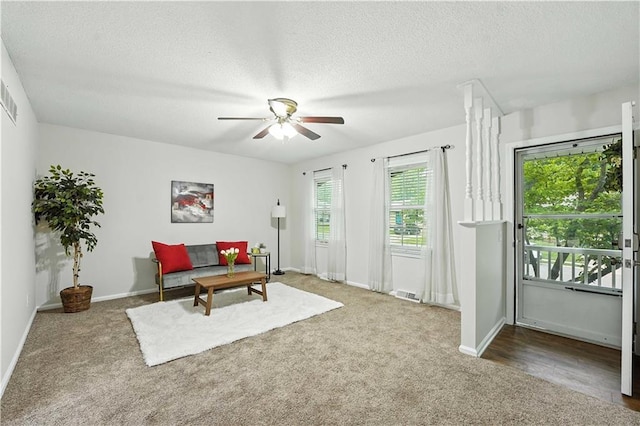1303 SW Mission Pl, Lees Summit, MO 64081 - sitting room with ceiling fan, a textured ceiling, and carpet