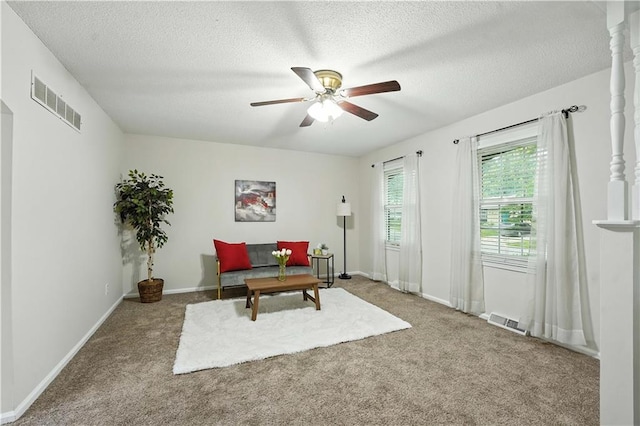 1303 SW Mission Pl, Lees Summit, MO 64081 - living area with carpet, a ceiling fan, and a textured ceiling