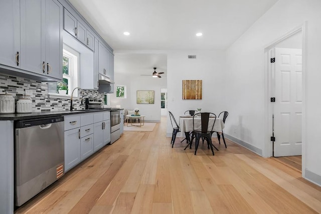 731 S Main St, Ottawa, KS 66067 - kitchen featuring appliances with stainless steel finishes, dark countertops, light wood-style floors, a ceiling fan, and tasteful backsplash