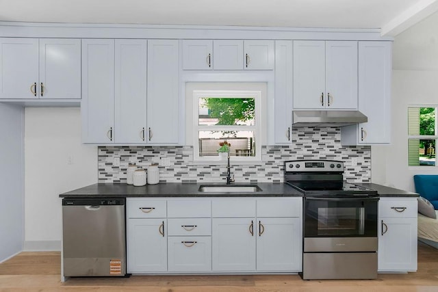 731 S Main St, Ottawa, KS 66067 - kitchen with electric range, dishwashing machine, under cabinet range hood, dark countertops, and tasteful backsplash