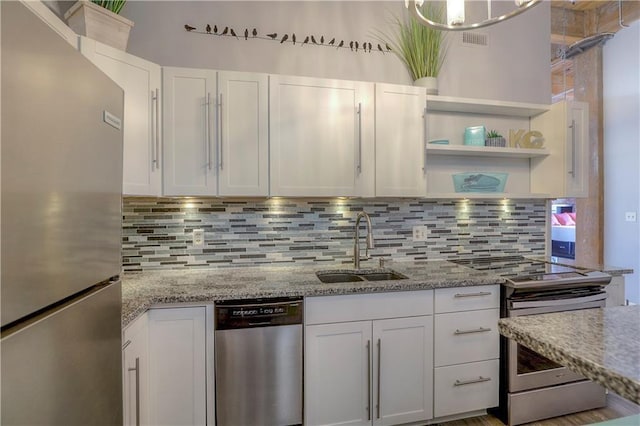 308 W 8th St Unit 420, Kansas City, MO 64105 - kitchen featuring appliances with stainless steel finishes, white cabinets, and tasteful backsplash