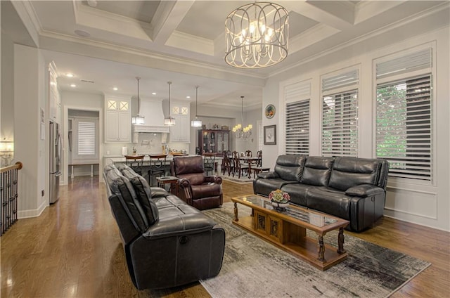 10423 W 168th Ter, Overland Park, KS 66221 - living area featuring a chandelier, wood finished floors, ornamental molding, beam ceiling, and coffered ceiling