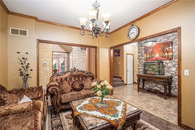 4407 SW Briarbrook Dr, Lees Summit, MO 64082 - living room featuring crown molding, a chandelier, and stairs