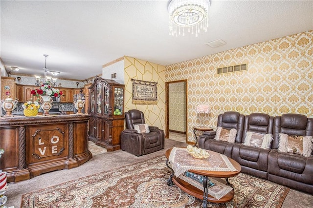 4407 SW Briarbrook Dr, Lees Summit, MO 64082 - carpeted living room featuring a chandelier, wallpapered walls, and a textured ceiling