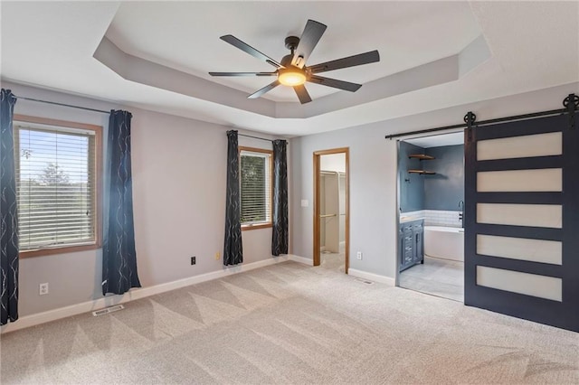 1125 S Mulberry St, Ottawa, KS 66067 - unfurnished bedroom featuring a tray ceiling, a barn door, light colored carpet, and a spacious closet