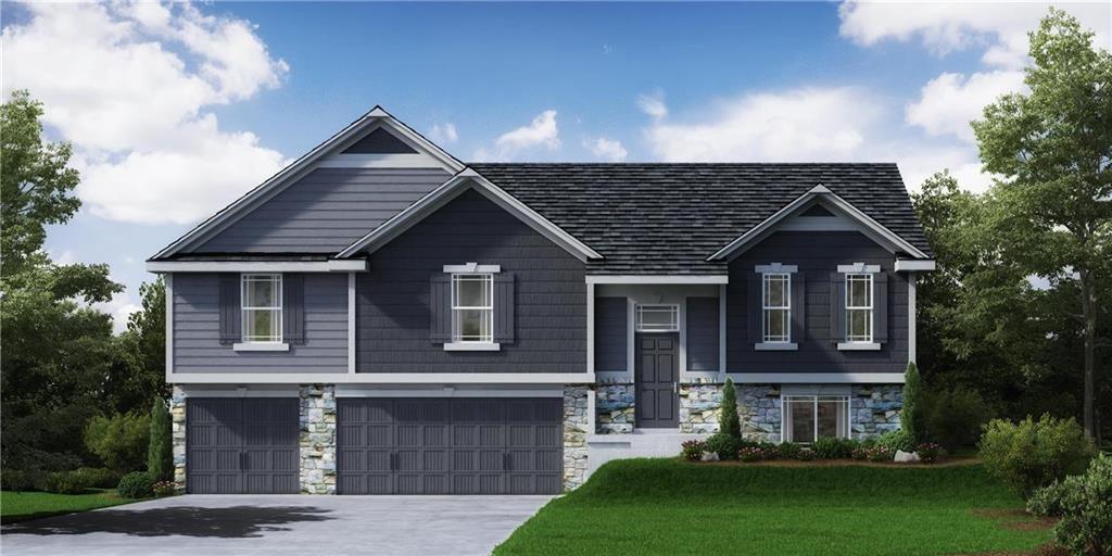 808 Golden Eagle Trl, Holden, MO 64040 - view of front of home with a garage, stone siding, a front lawn, and driveway