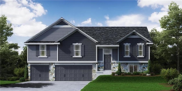 808 Golden Eagle Trl, Holden, MO 64040 - view of front of home with a garage, stone siding, a front lawn, and driveway