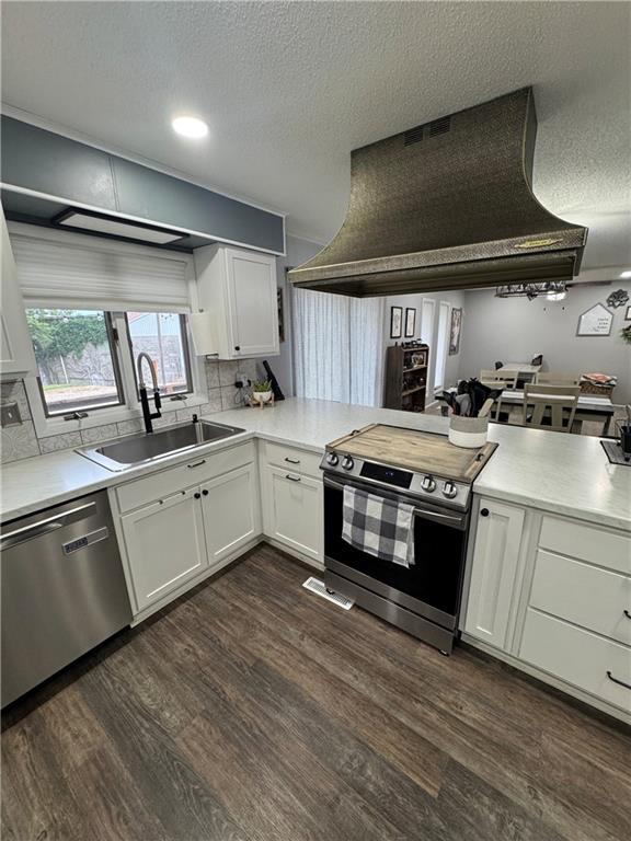 109 W 3rd St, Stanberry, MO 64489 - kitchen featuring appliances with stainless steel finishes, dark wood finished floors, custom exhaust hood, white cabinetry, and a peninsula