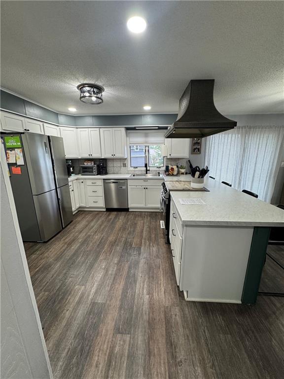 109 W 3rd St, Stanberry, MO 64489 - kitchen featuring appliances with stainless steel finishes, custom range hood, dark wood-style flooring, a peninsula, and a textured ceiling