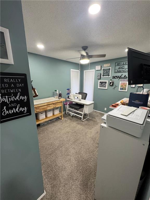 109 W 3rd St, Stanberry, MO 64489 - carpeted office space featuring a ceiling fan and a textured ceiling