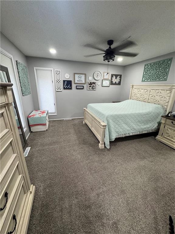 109 W 3rd St, Stanberry, MO 64489 - bedroom with a textured ceiling, dark carpet, and ceiling fan