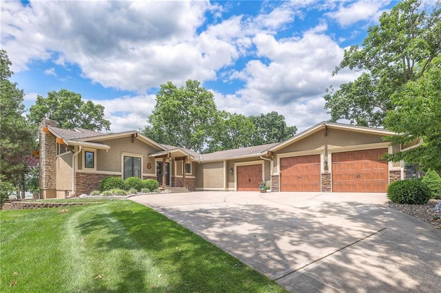 6 Mohave Dr, Lake Winnebago, MO 64034 - ranch-style house featuring stone siding, stucco siding, concrete driveway, an attached garage, and a front lawn