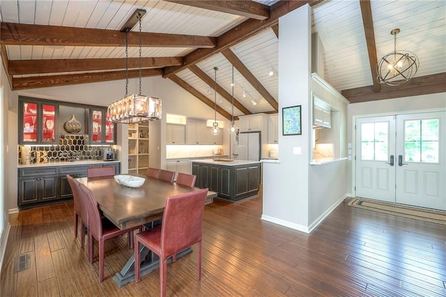 6 Mohave Dr, Lake Winnebago, MO 64034 - dining area featuring a chandelier, wooden ceiling, and dark wood finished floors