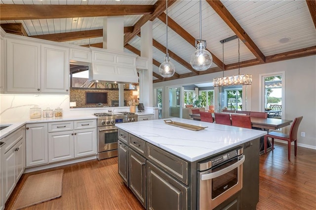 6 Mohave Dr, Lake Winnebago, MO 64034 - kitchen with stainless steel appliances, white cabinets, dark wood-type flooring, wooden ceiling, and tasteful backsplash