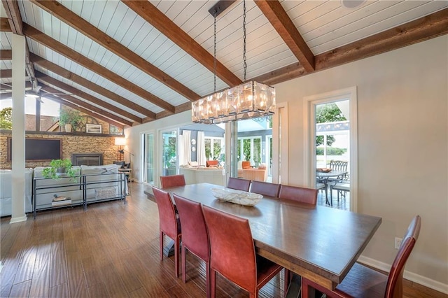 6 Mohave Dr, Lake Winnebago, MO 64034 - dining room with healthy amount of natural light, a fireplace, dark wood-style floors, and wood ceiling