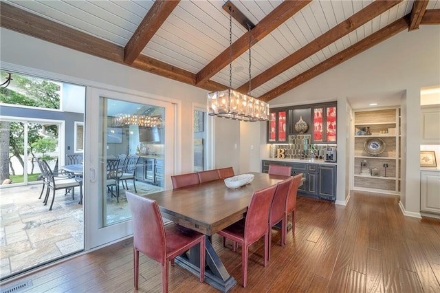 6 Mohave Dr, Lake Winnebago, MO 64034 - dining space with a wood ceiling with exposed beams, a chandelier, dark wood finished floors, bar, and high vaulted ceiling