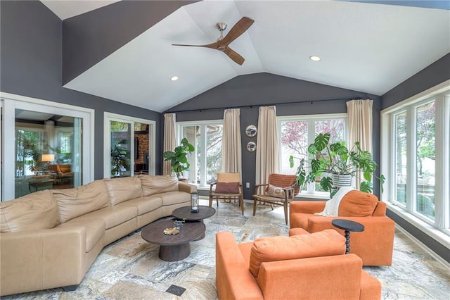 6 Mohave Dr, Lake Winnebago, MO 64034 - living room with healthy amount of natural light, vaulted ceiling, ceiling fan, and recessed lighting