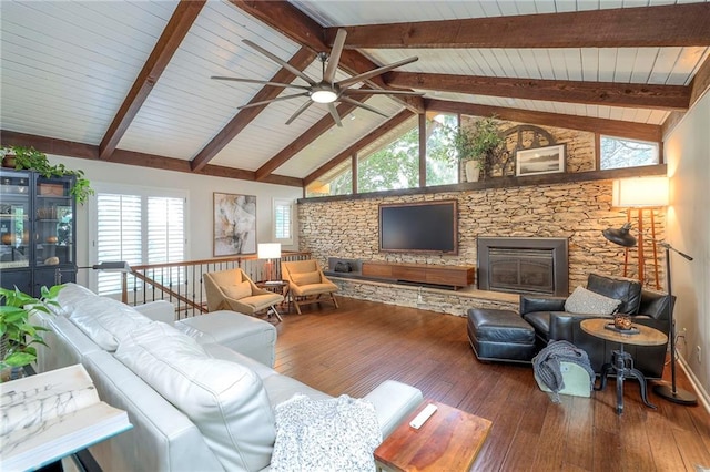 6 Mohave Dr, Lake Winnebago, MO 64034 - living room featuring hardwood / wood-style flooring, a ceiling fan, a fireplace, high vaulted ceiling, and a wood ceiling with exposed beams