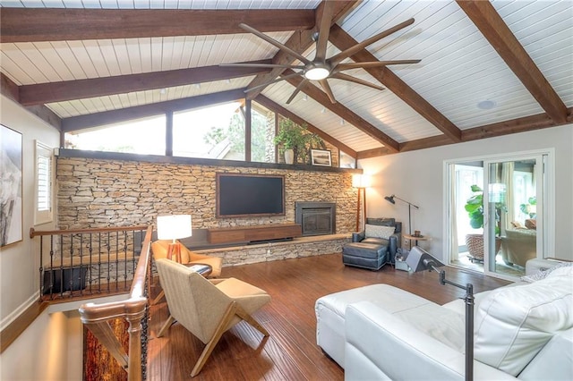 6 Mohave Dr, Lake Winnebago, MO 64034 - living area featuring ceiling fan, wood finished floors, a stone fireplace, and wooden ceiling