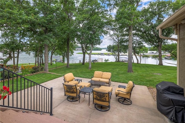 6 Mohave Dr, Lake Winnebago, MO 64034 - view of patio / terrace with a water view, a grill, and an outdoor hangout area