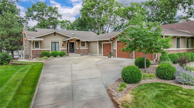 6 Mohave Dr, Lake Winnebago, MO 64034 - view of front facade with stone siding, an attached garage, driveway, stucco siding, and a front yard
