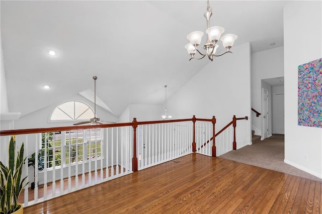 16778 W 156th Ter, Olathe, KS 66062 - unfurnished room with a chandelier, lofted ceiling, a ceiling fan, wood-type flooring, and recessed lighting