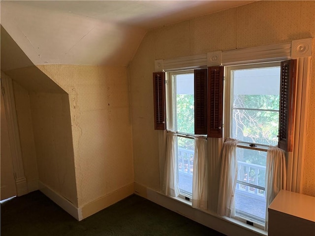 222 W Gay St, Warrensburg, MO 64093 - additional living space featuring plenty of natural light, vaulted ceiling, and dark colored carpet