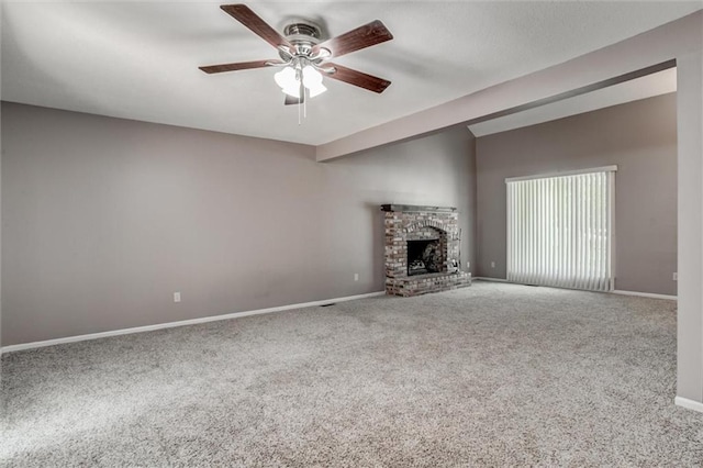 10151 W 84th St, Overland Park, KS 66212 - unfurnished living room featuring a ceiling fan, carpet flooring, a brick fireplace, and lofted ceiling
