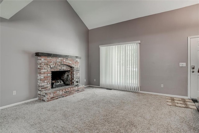 10151 W 84th St, Overland Park, KS 66212 - unfurnished living room featuring high vaulted ceiling, carpet floors, and a fireplace