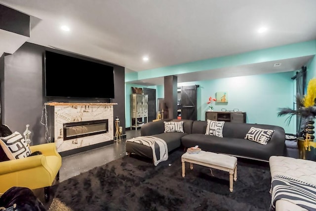 6614 Mccormick Dr, Shawnee, KS 66226 - living area with a stone fireplace and recessed lighting