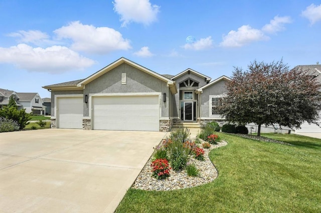 16486 S Chalet Dr, Olathe, KS 66062 - view of front of property featuring stone siding, stucco siding, an attached garage, and a front yard