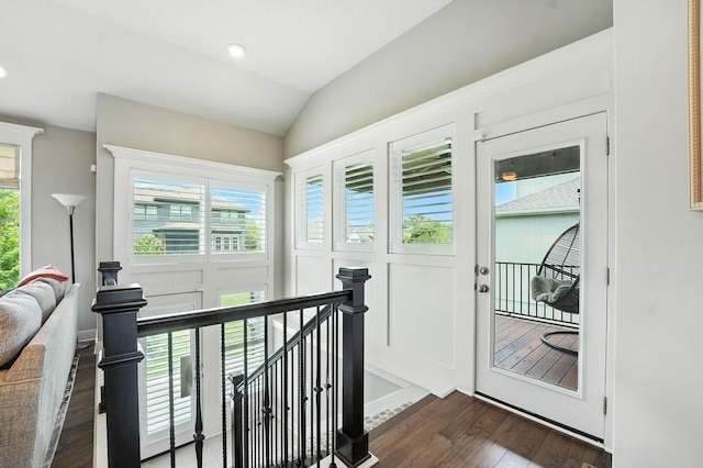 16486 S Chalet Dr, Olathe, KS 66062 - entryway with dark wood-type flooring, lofted ceiling, and recessed lighting