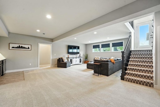 16486 S Chalet Dr, Olathe, KS 66062 - living room with light colored carpet, recessed lighting, and stairway